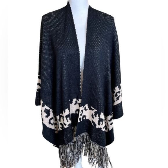 Entro Black Fringed Open Front Wrap w/ Animal Print and Arm Holes Size Large - Picture 1 of 11